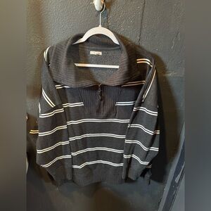 Maurices Dark Grey and White Zip Up Striped Sweater
